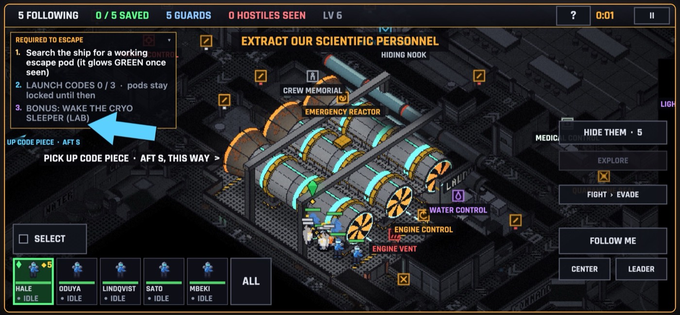 The crew squad crosses an emergency reactor hall full of glowing cylinders